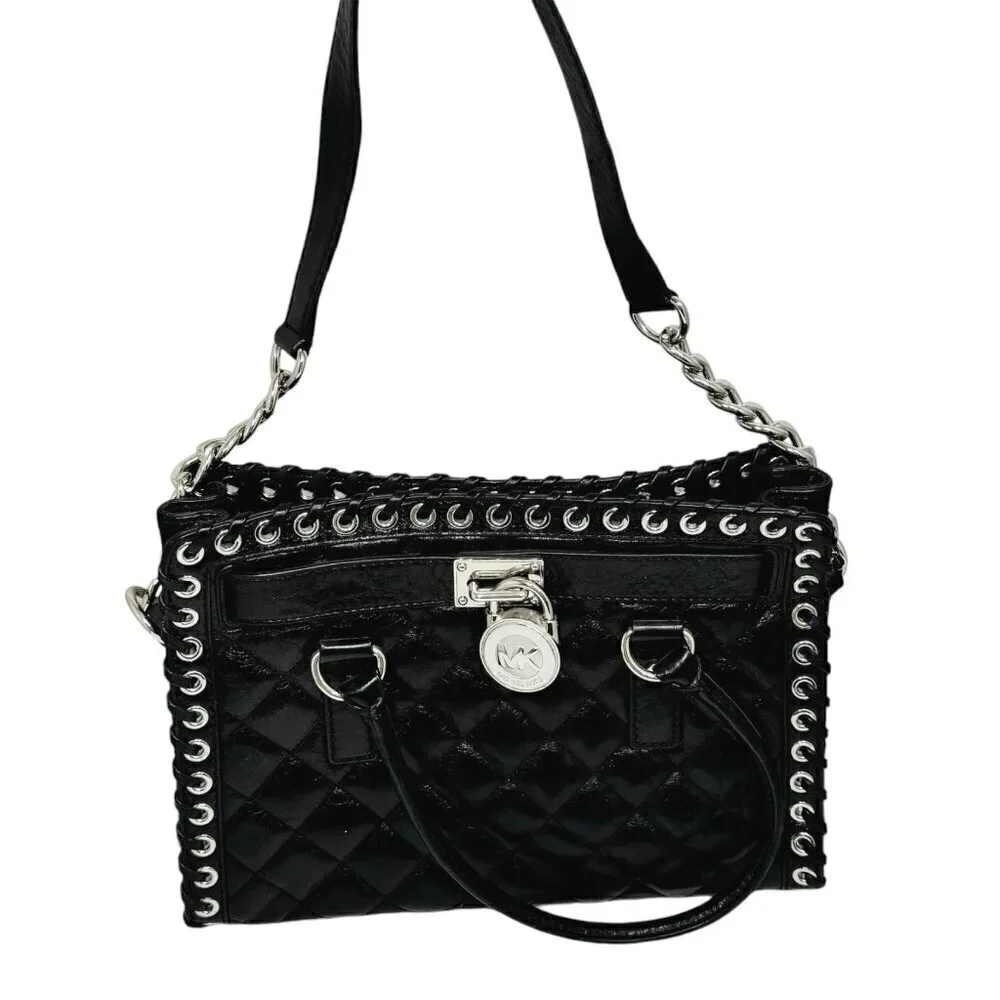 Michael Kors Hamilton Hippie Grommet Quilted Tote Black & Silver 12.5 x 9‎